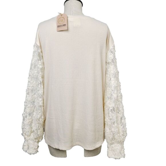 NEW Grace & Emma Top M Cream Ribbed Knit Lace Sleeve Pullover Relaxed Fit Blouse - Picture 3 of 12